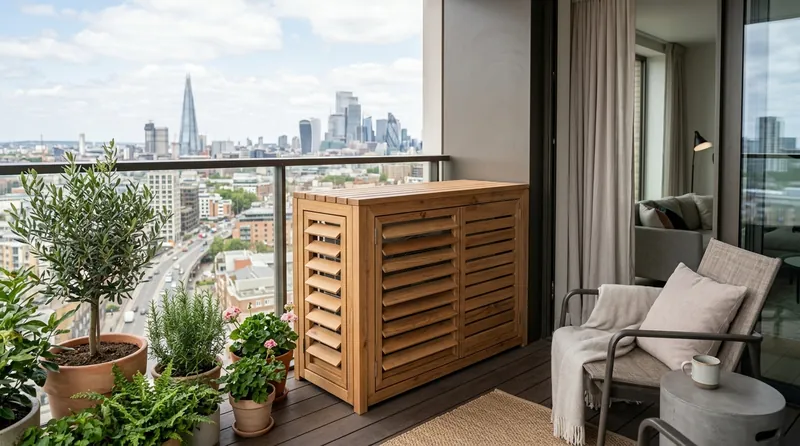 Caisson acoustique en bois pour climatiseur extérieur sur balcon d'appartement