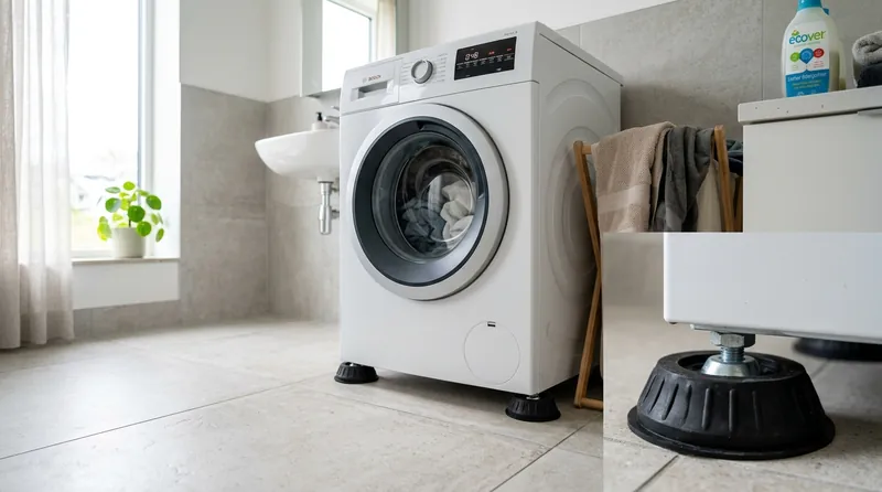 Machine à laver avec plots anti-vibrations en caoutchouc sur carrelage